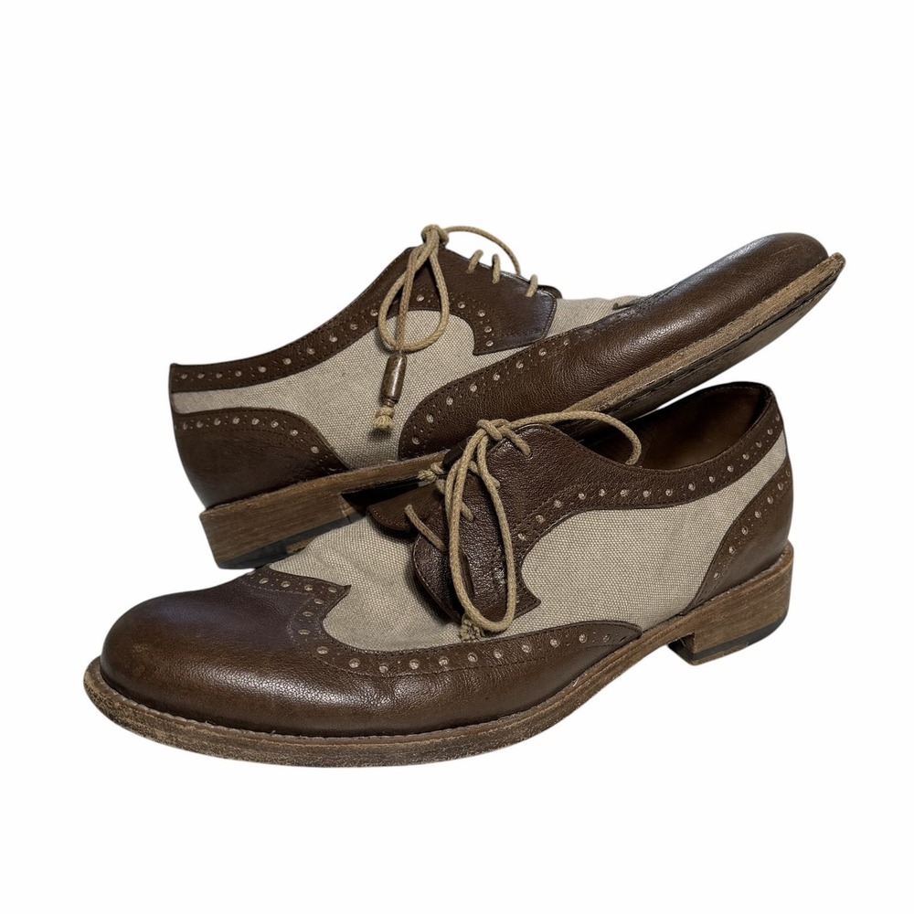 Beretta Mens 42 Brown Leather Canvas Wingtip Oxford Brogue Shoes Made Italy